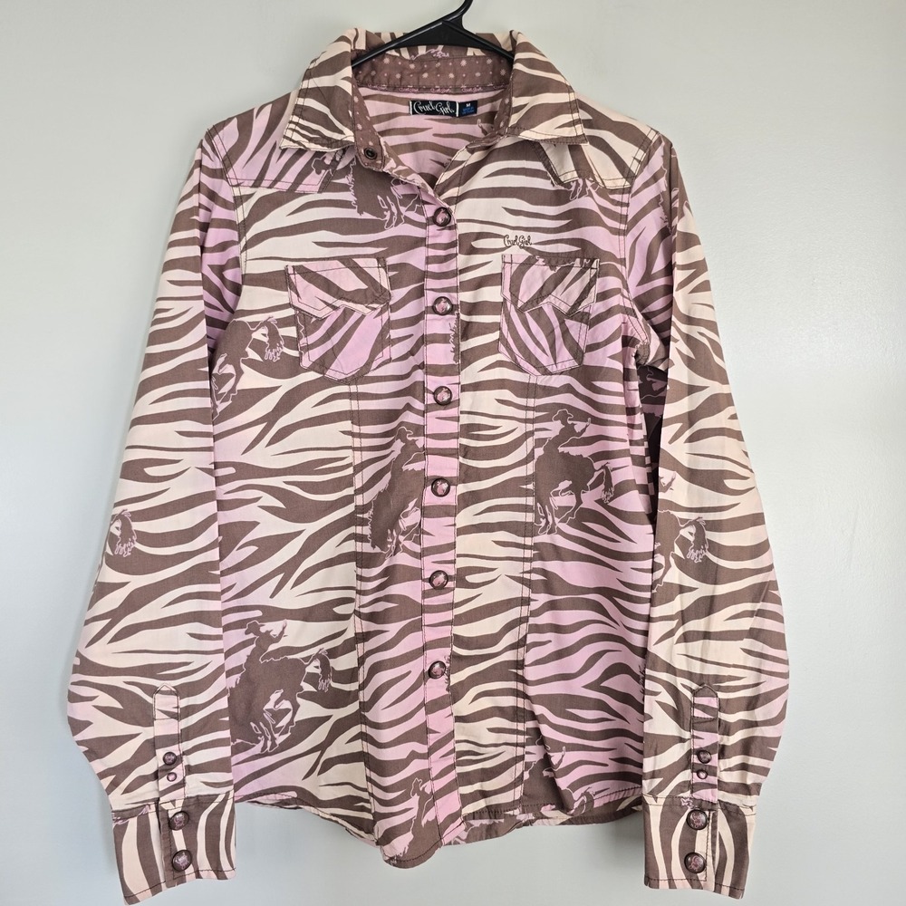 CRUEL Girl Western Shirt Pink Brown Pearl Snap Pockets Zebra‎ Horses Medium.B82